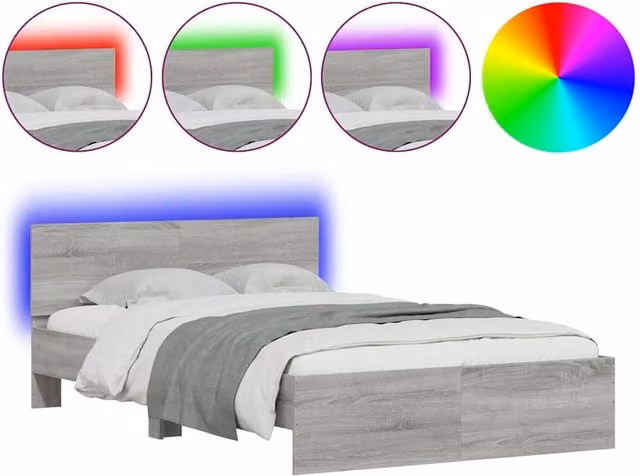 Berkfield Home Double Bed Frame with Headboard, LED Under-Bed Lighting and USB Charging Port, Grey Sonoma, W: 135 cm, L: 190 cm