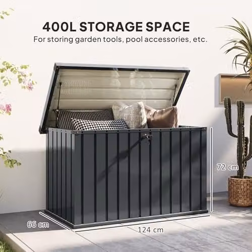 Outsunny 400L Waterproof Metal Garden Storage Box in Dark Grey, W/D/H: 124 x 66 x 72 cm – 6