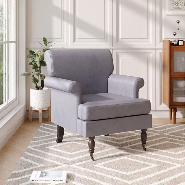 Komore Grey Velvet Armchair with Solid Wood Frame and Armrests