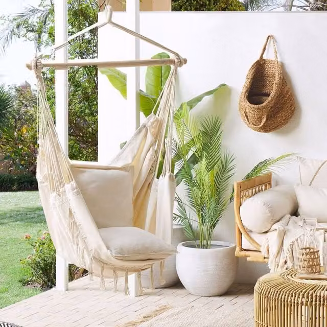 Wyld and Coco Beige Boho Hanging Hammock Chair with Cotton and Polyester Cushions – 1