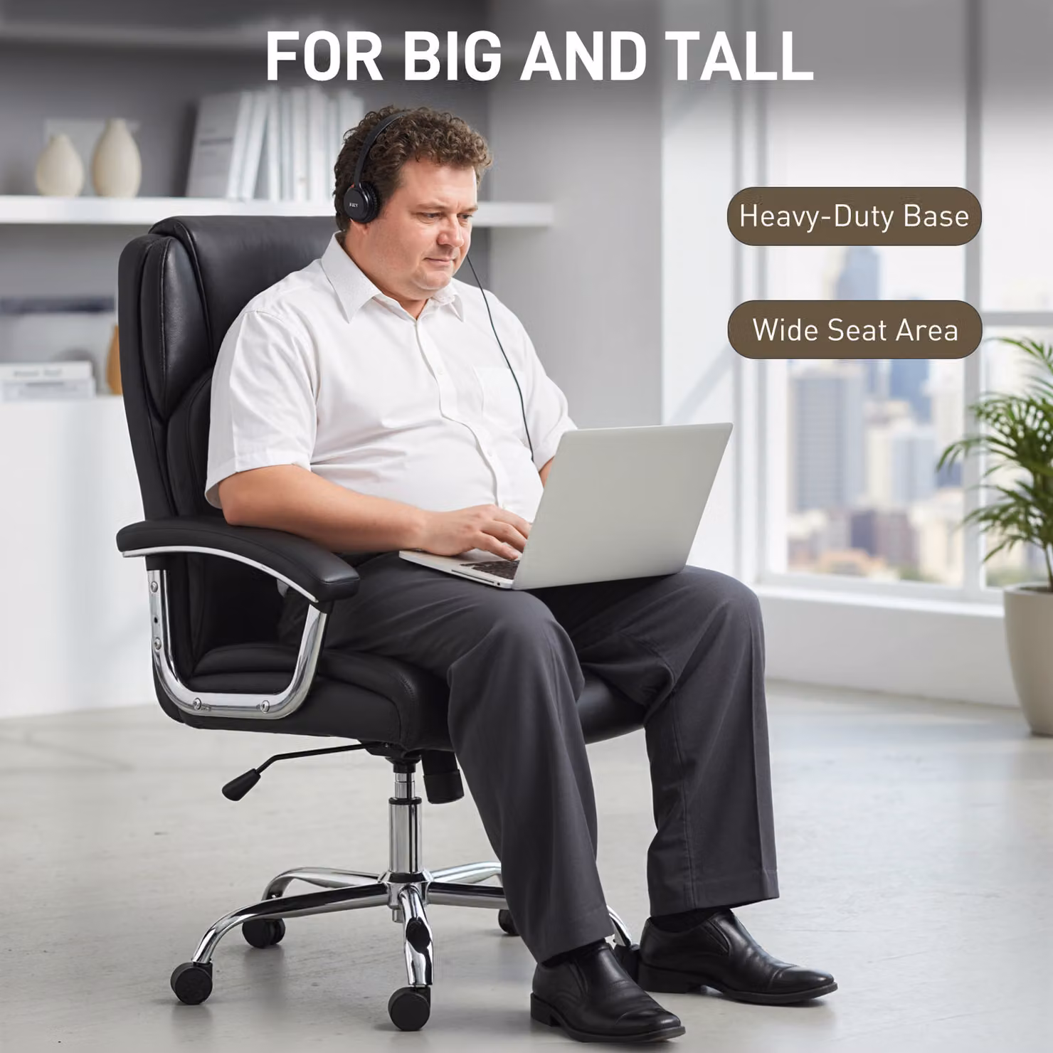 HOMCOM Big and Tall Executive Office Chair in Black PU Leather with Headrest and Armrests, 180kg Capacity – 6