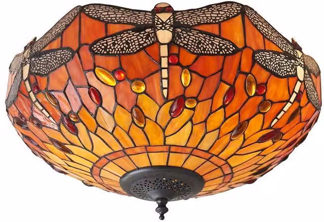 Loops Tiffany Glass Semi Flush Ceiling Light with Dragonfly Inverted Shade in Clear and Bronze