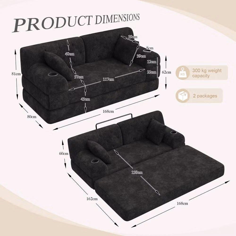 BTM 2 Seater Corduroy Sleeper Sofa with Cup Holders and Side Pockets, Black, W/D/H: 168 x 80 x 81 cm – 2