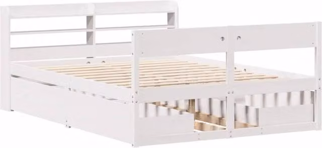 Berkfield Home Solid Wood Pine Full Bed Frame with Drawers, White, W/D/H: 140 x 200 cm