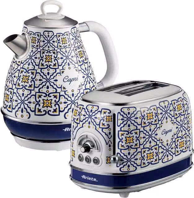 Ariete Capri Blue 1.7L Kettle and 2 Slice Toaster Set in Stainless Steel and Ceramic