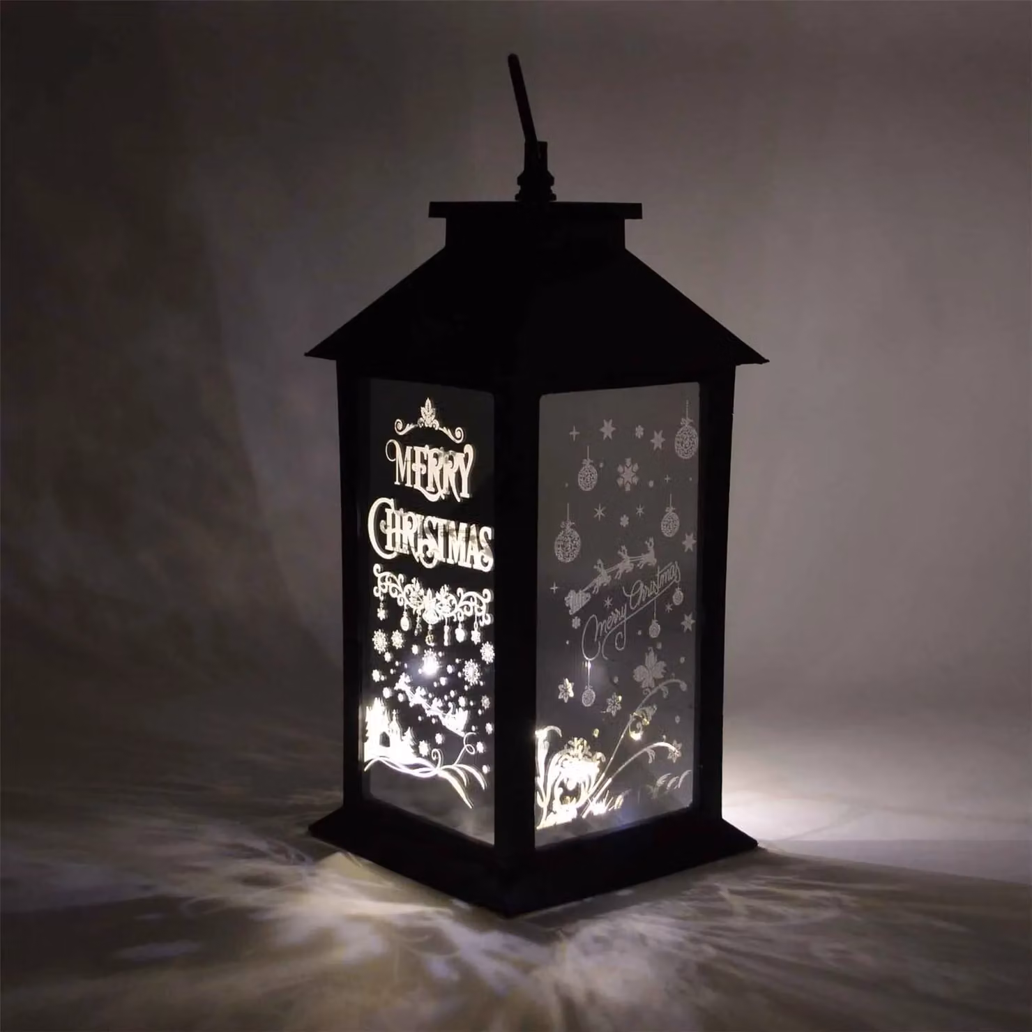 Shatchi Christmas LED Warm White Lantern Lamp with Black PVC Frame and Christmas Theme, W/D/H: 14.0 x 30.0 x 14.0 cm – 3
