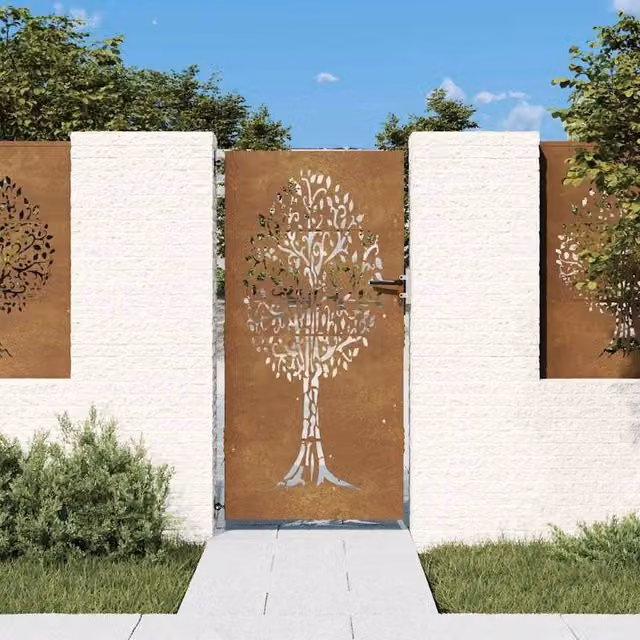 Berkfield Home Garden Gate in Brown Corten Steel with Tree Design, W: 85 cm, H: 175 cm – 1