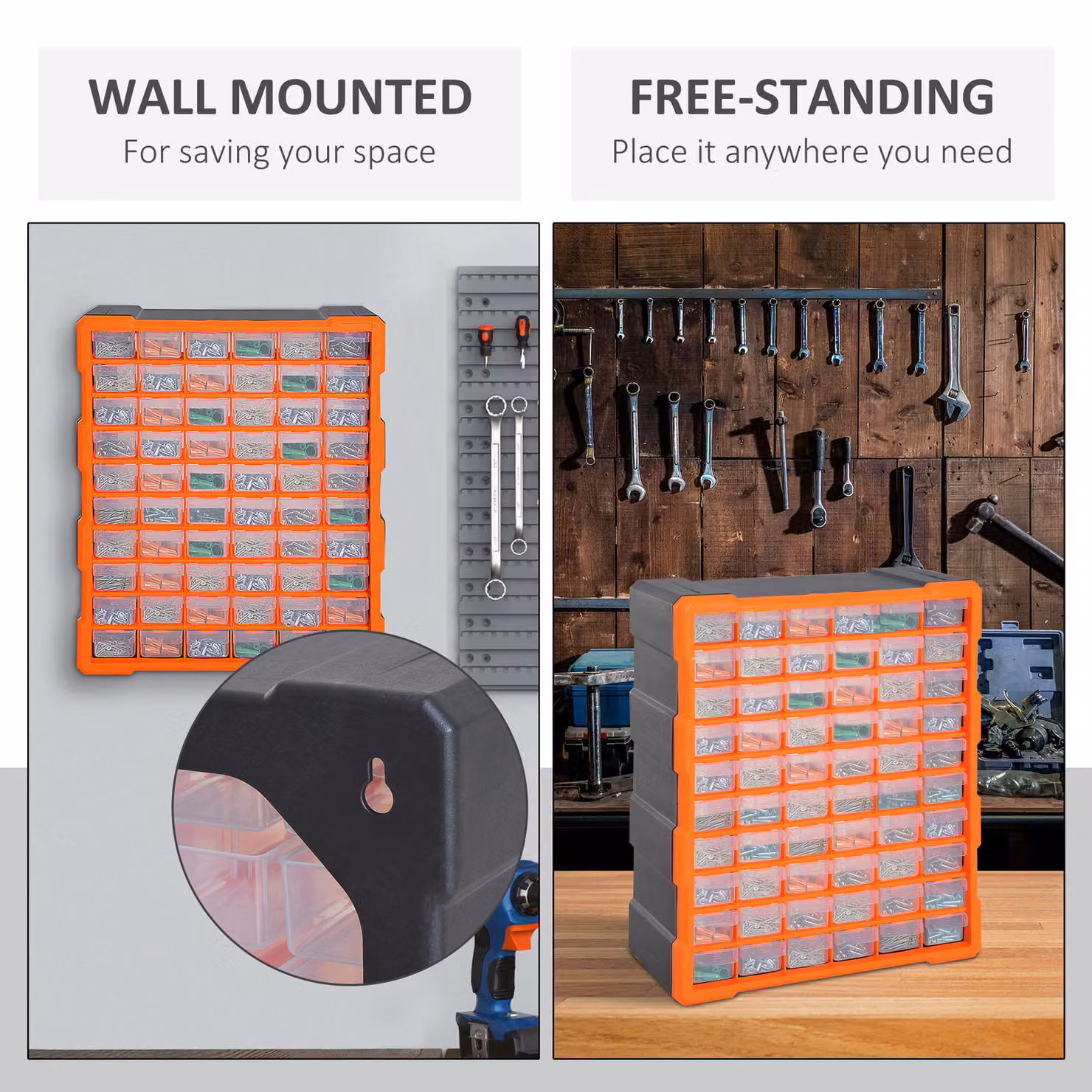DURHAND Wall-Mounted 60-Drawer Plastic Parts Organiser Cabinet in Orange and Transparent – 5