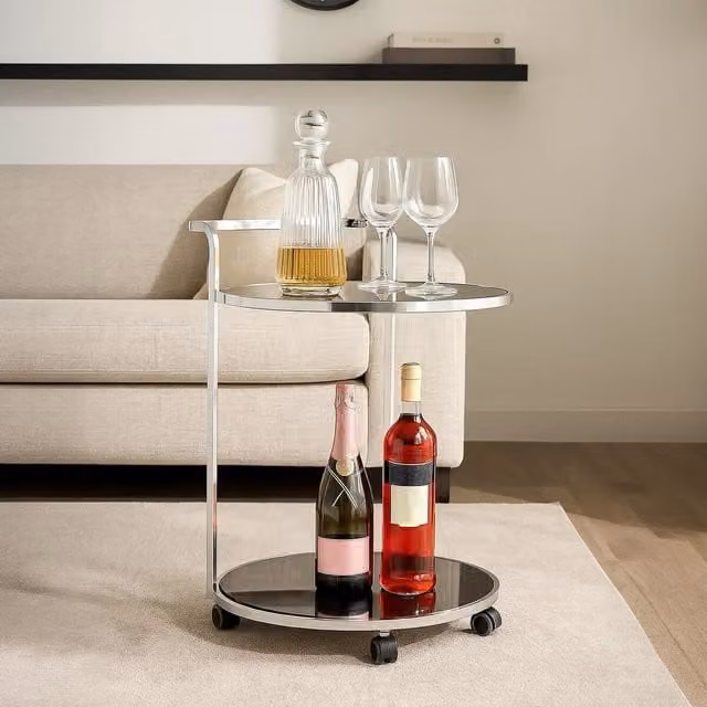 Orsina Elegant 2 Tier Round Drinks Trolley with Silver Finish and Black Glass Shelves
