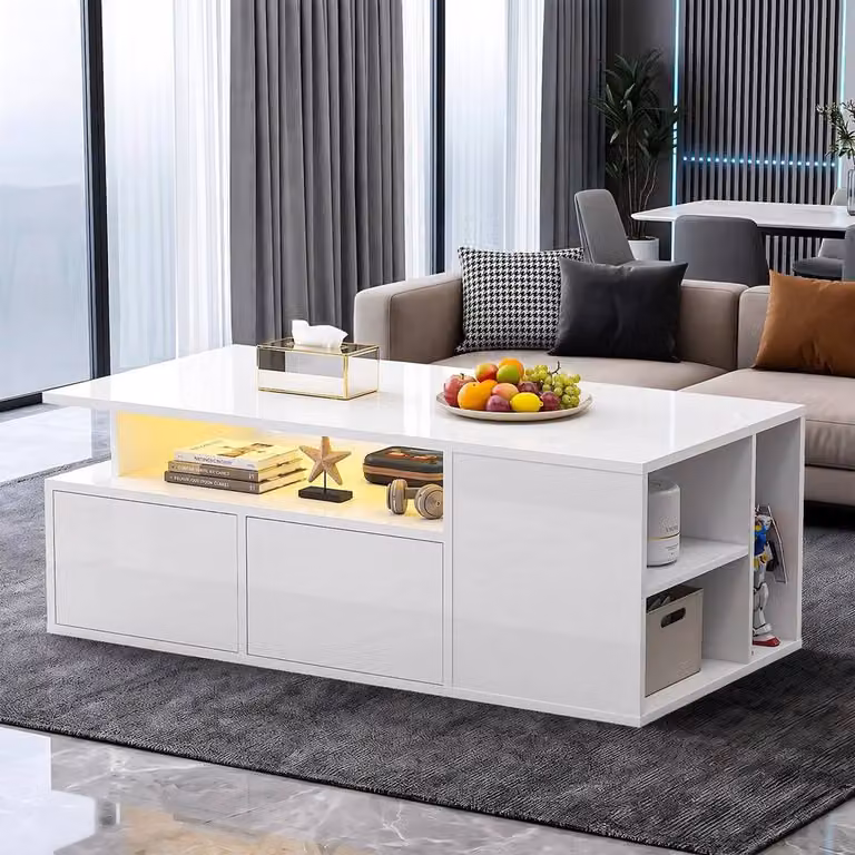 KORVIXA LED High Gloss Coffee Table with 2 Push Latch Drawers in White, W/D/H: 100 x 100 x 50 cm
