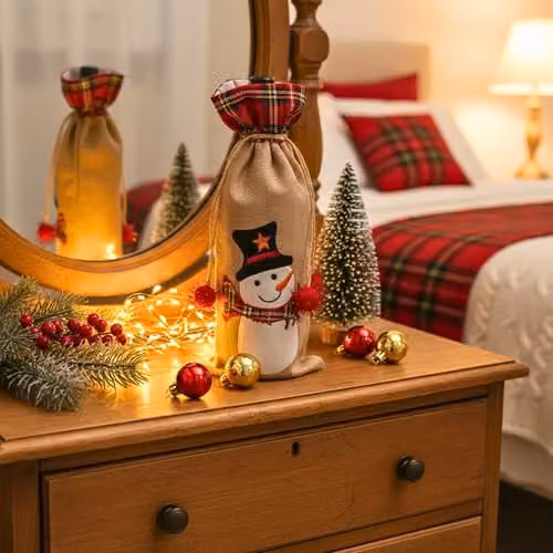 Shatchi Reindeer Printed Burlap Wine Bottle Cover with Drawstring Closure, Multicolour Festive Linen Liquor Bag for Christmas Parties – 7