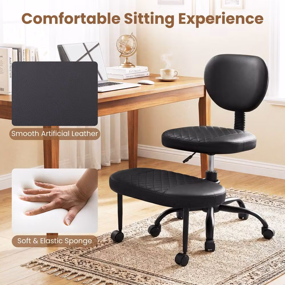 Costway Ergonomic Cross Legged Office Chair in Black Synthetic Leather with Castors – 6