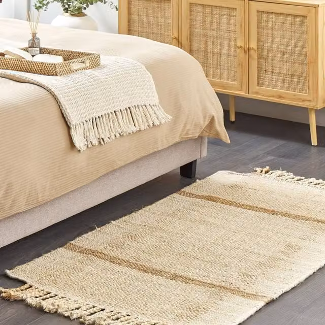 Wyld and Coco Handwoven Jute and Cotton Boho Rug in Beige with Fringes, W/D: 80 x 150 cm