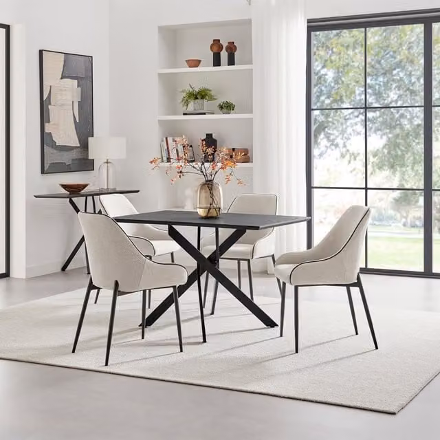 FurnitureboxUK Leonardo Black Top Dining Table and 4 Beaumont Grey Fabric Chairs in Cream