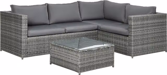 Outsunny 3 Piece Grey Polyrattan Garden Furniture Set with L-Shape Corner Sofa, 2 Seater Sofa, and Coffee Table