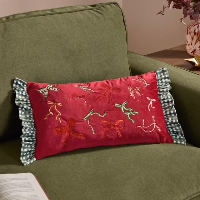 Furn Red Floral Velvet Cushion, W: 50 cm, H: 30 cm