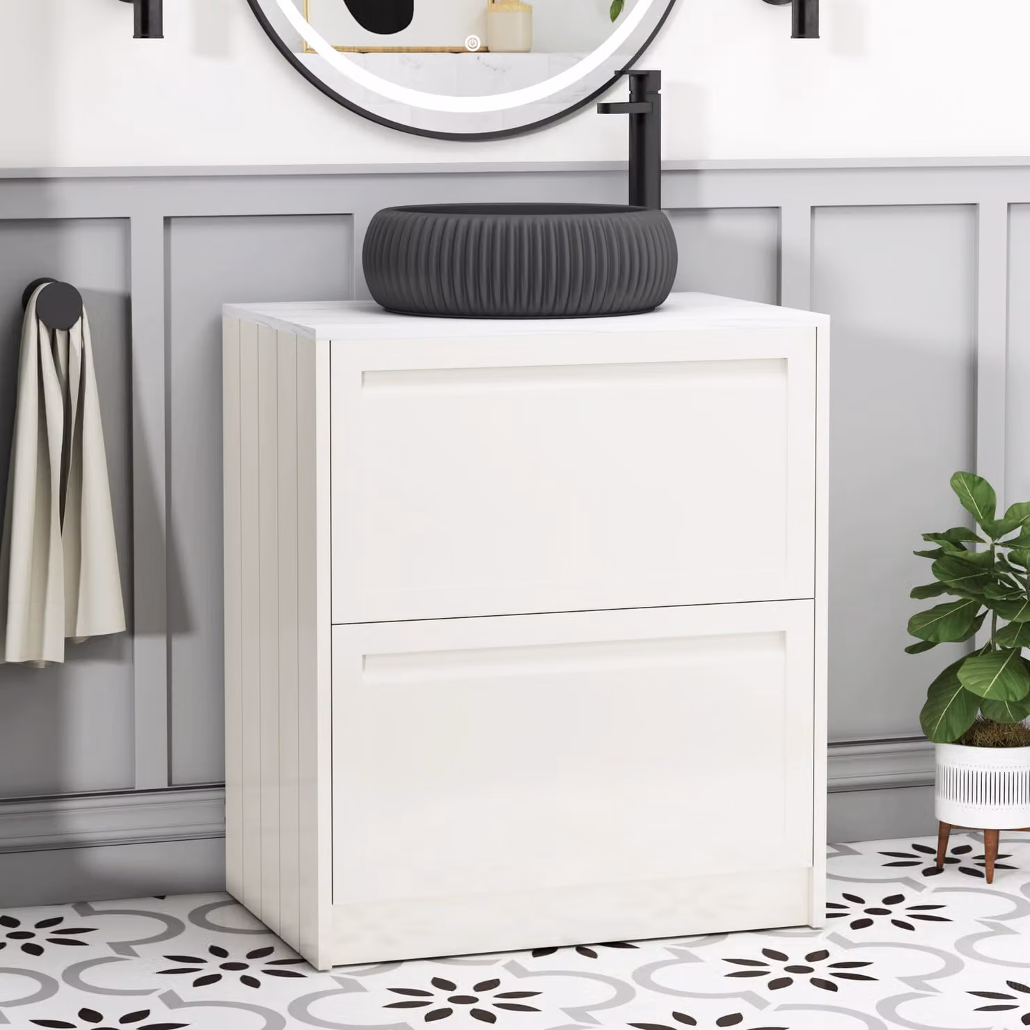 Royal Bathrooms Elmore Classic White Floor Standing 2 Drawer Vanity Unit with Milan Black Basin, Width: 70 cm