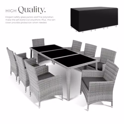 tectake Garden Dining Set with 8 Chairs and Glass Top, Powder Coated Aluminium Frame, Light Grey – 3