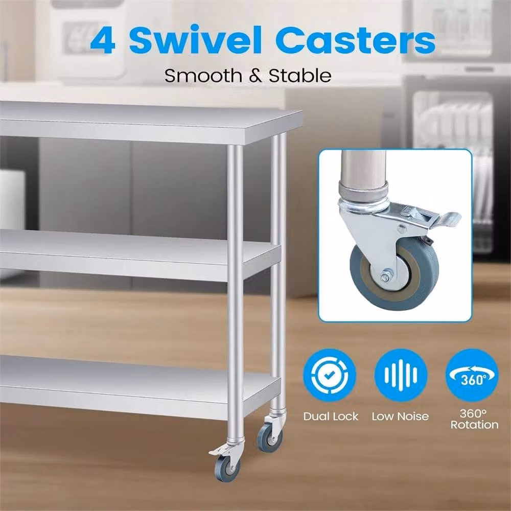 VOGREX Three Layer Stainless Steel Multifunctional Table with Wheels in Silver, H 91.44 x W 35.56 x D 86.36 cm – 2
