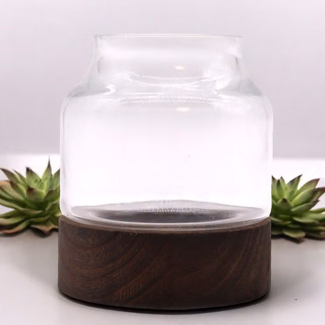 KDMD Small Shaped Round Tabletop Terrarium on Dark Tung Wood in Brown