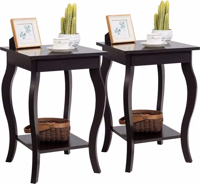 COSTWAY Set of 2 Modern Square Wood End Tables in Brown and Black