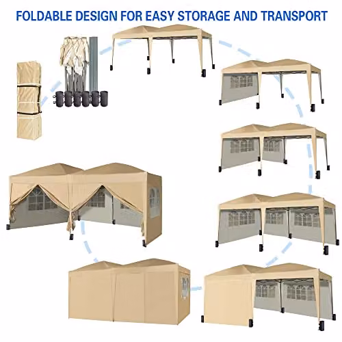 MCC Direct Pop-up Waterproof Marquee Canopy Gazebo with Sides, Wind Bars, Weight Bags and Windows, Beige, W: 600 cm, D: 300 cm, H: 255 cm – 2