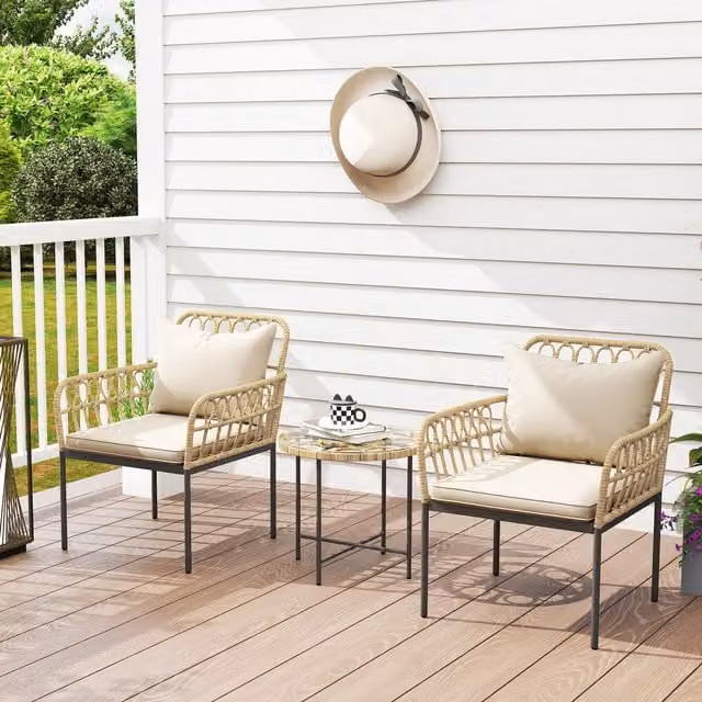 Outsunny 3-Piece Modern Rattan Bistro Set with Cushions for Patio in Beige and White