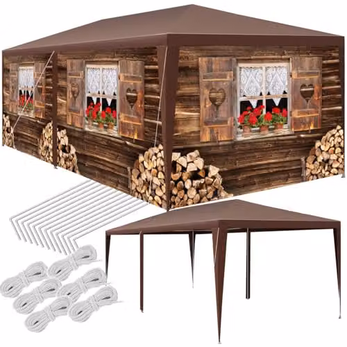 tectake Alpine Hut Design Garden Gazebo in Brown with Removable Side Panels and Windows, W/D/H: 600 x 300 x 250 cm