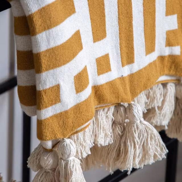 Terrys Knitted Geometric Throw with Fringes in Yellow and Beige, W: 130 cm, L: 170 cm