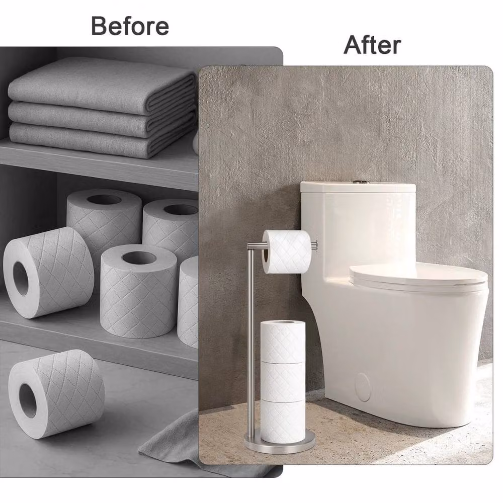 Kelvenix Freestanding Stainless Steel Bathroom Tissue Paper Holder Stand with Spare Roll Holder in Silver – 4