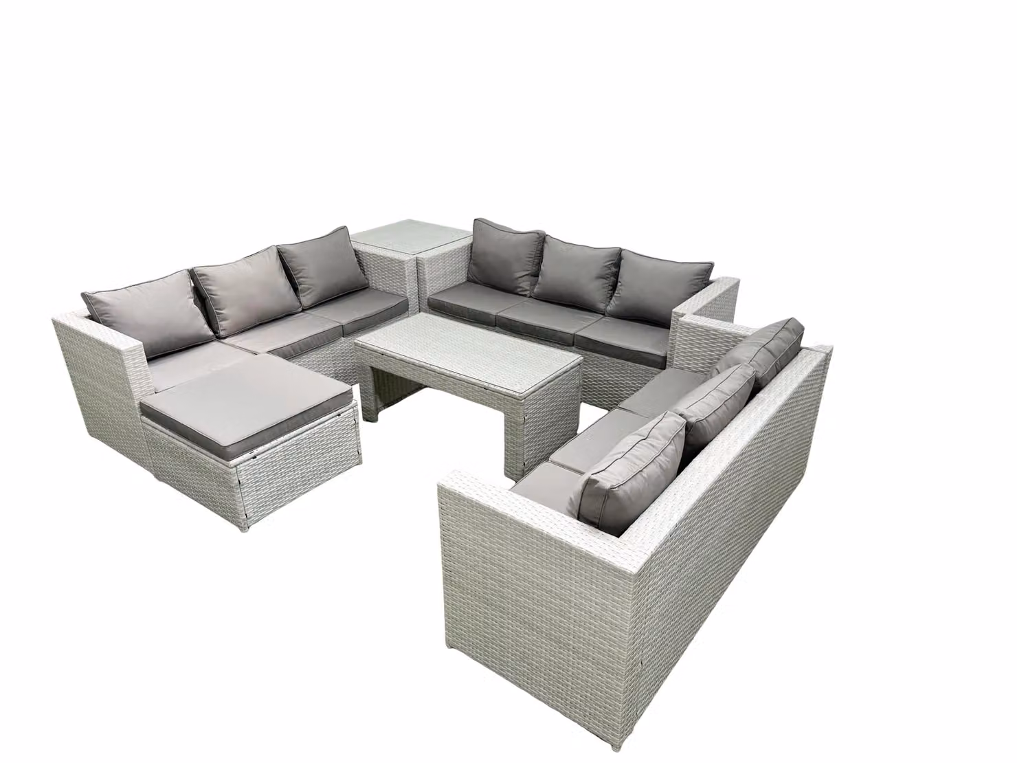 Fimous 10 Seater Rattan Garden Furniture Set in Light Grey with U-Shape Sofa, Oblong Coffee Table and Ottoman – 2