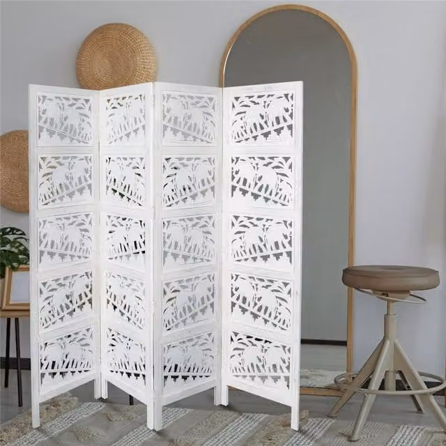Topfurnishing 4 Panel Heavy Carved Wooden Room Divider Screen with Elephant Design in White