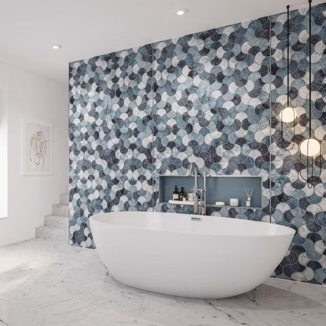 Wetwall Blue Scallop Bathroom Wall Panel, H x W x D: 244 x 60 x 0.4 cm