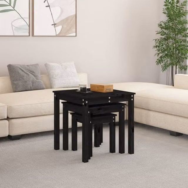 Berkfield Home Nesting Tables, Set of 3, Black Solid Pine Wood