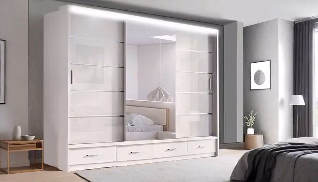 RAC3 Modern High Gloss Sliding Wardrobe with LED Mirror and Integrated Drawers, W/H: 256 x 216 cm, White/Black/Grey