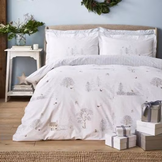 Sophie Allport Snowy Cottage White Cotton Percale Duvet Cover Bedding Set