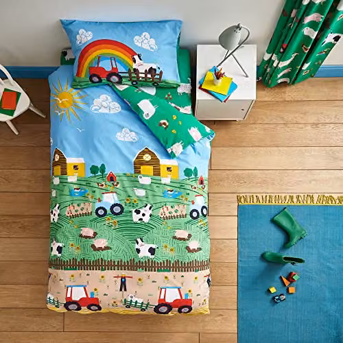 Catherine Lansfield Farmyard Animals Reversible Double Duvet Cover Set with Pillowcases, Blue, Duvet Cover 200 x 200 cm, Pillowcases 50 x 75 cm