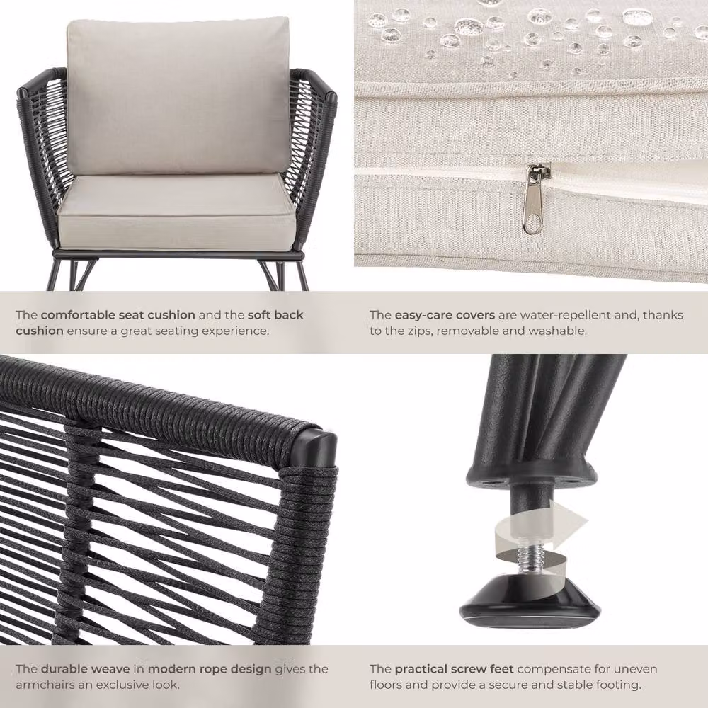 tectake Sundo Garden Chair Set for 4 People in Grey and Black with Rattan and Steel Frame – 5