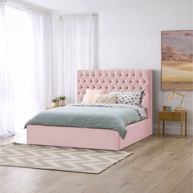 Desire Deco Sterling Chesterfield Storage Bed in Pink Velvet, W/D/H: 140 x 200 cm