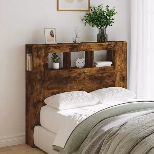 Berkfield Home LED Headboard in Smoked Oak Brown with Integrated Lighting and Shelf, W: 120 cm, D: 18.5 cm, H: 103.5 cm