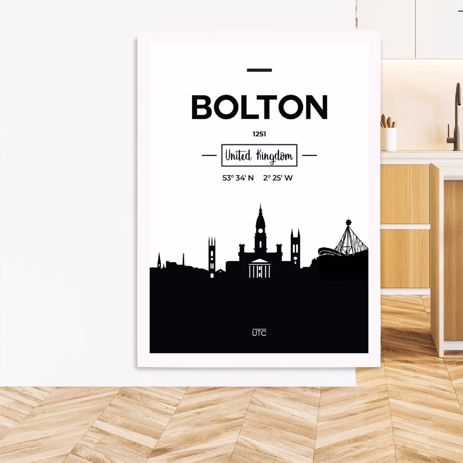 ARTZE Bolton Black and White City Skyline Framed Print in White Frame, A4 – 2