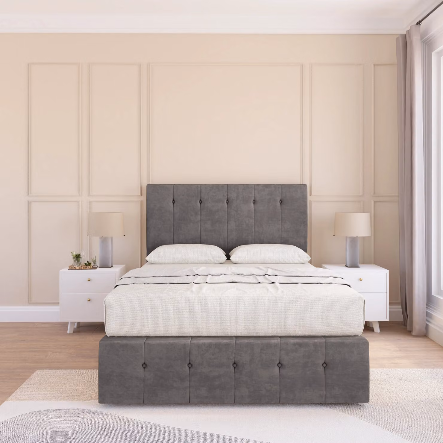 Sloomy Highbury Divan Bed Base and Floor Standing Headboard in Grey Velvet, W/D/H: 120 x 200 cm