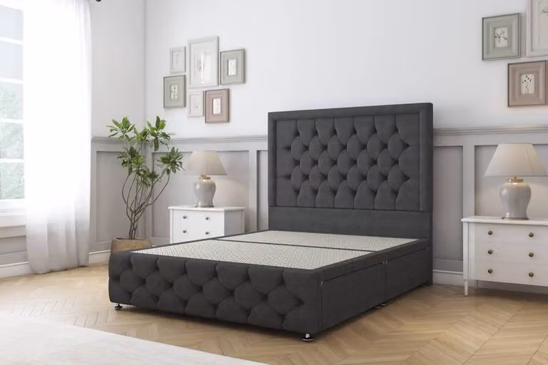 Comfort Beds Winchester Dumfries Double Divan Base with 2 Drawers and Chesterfield Headboard and Footboard in Dark Grey Velvet, W/D/H: 140 x 200 cm