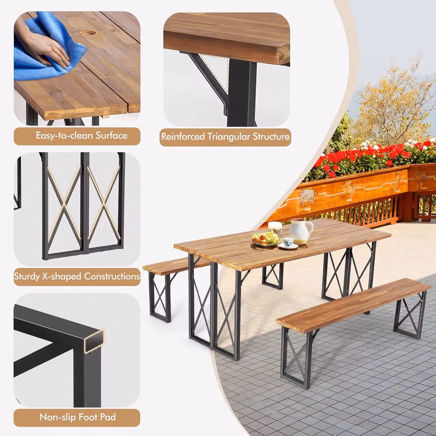 Gymax Brown Acacia Wood Picnic Table and 2 Benches Set with Umbrella Hole – 5