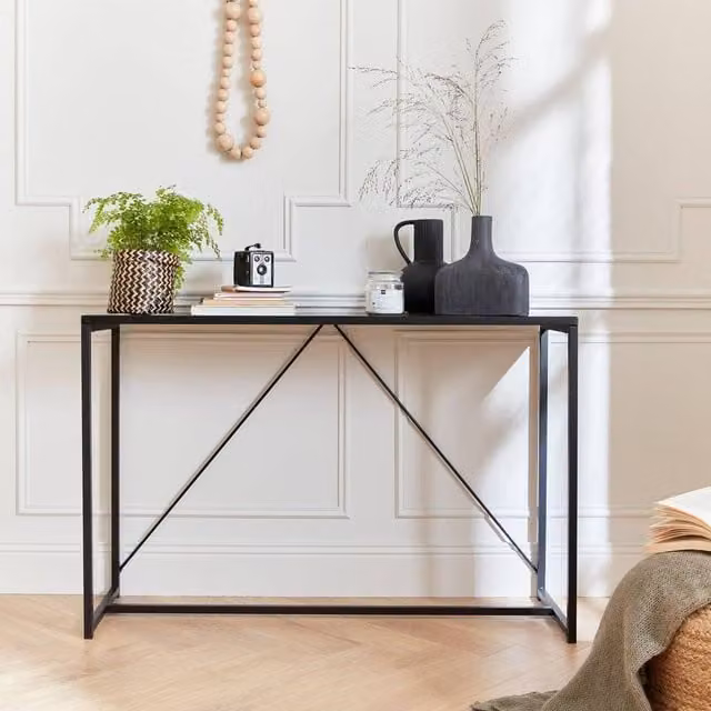 Sweekeet Industrial Metal Console Table with Reinforcement Bar in Black – 1