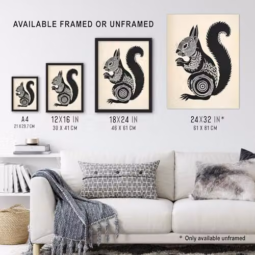 Artery8 Tribal Squirrel Framed Wall Art Print, Black and White Nature Illustration, A4 – 3