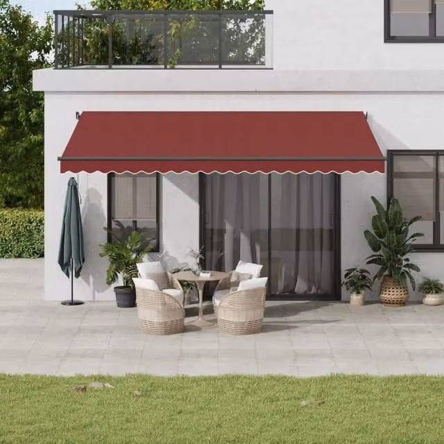 Berkfield Home Manual Retractable Awning with LEDs in Burgundy and Black, W: 500 cm, D: 300 cm