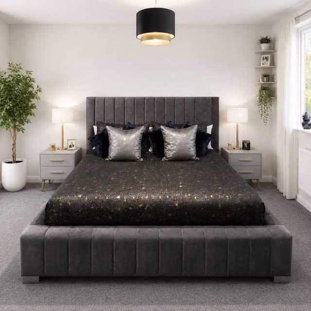 Stratus Interiors Lined Ambassador Wingback Platform Bed with Optional Gas Lift Storage in Grey, W/D/H: 140 x 200 cm
