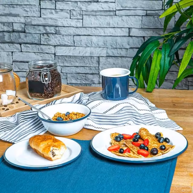 Argon Tableware 16 Piece White and Blue Enamel Steel Dinner Service Set