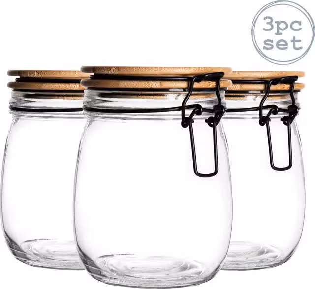 Argon Tableware Set of 3 Transparent Glass Storage Jars with Black Wooden Clip Lids, 0.75 l each